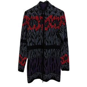 Icelandic Designs Cardigan Sweater Womens Small Wool Floral Gray Full Zip Knit *